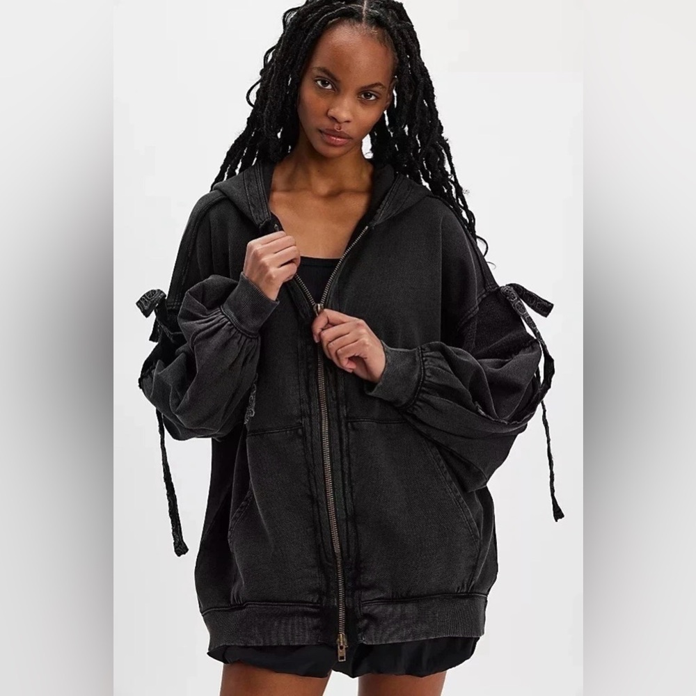 Free People Washed Black Oversized Zip Hoodie with Tie Sleeve Detail